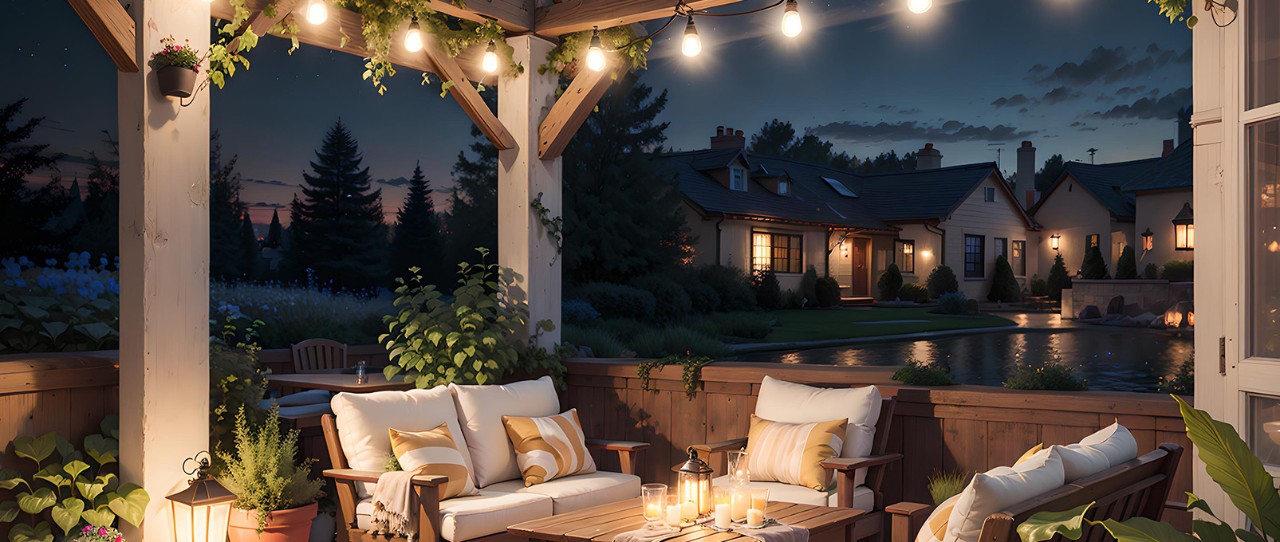 Patio looking out to neighborhood with gazebo, string lights, brown wood furniture decorated with white and yellow cushions at night. 